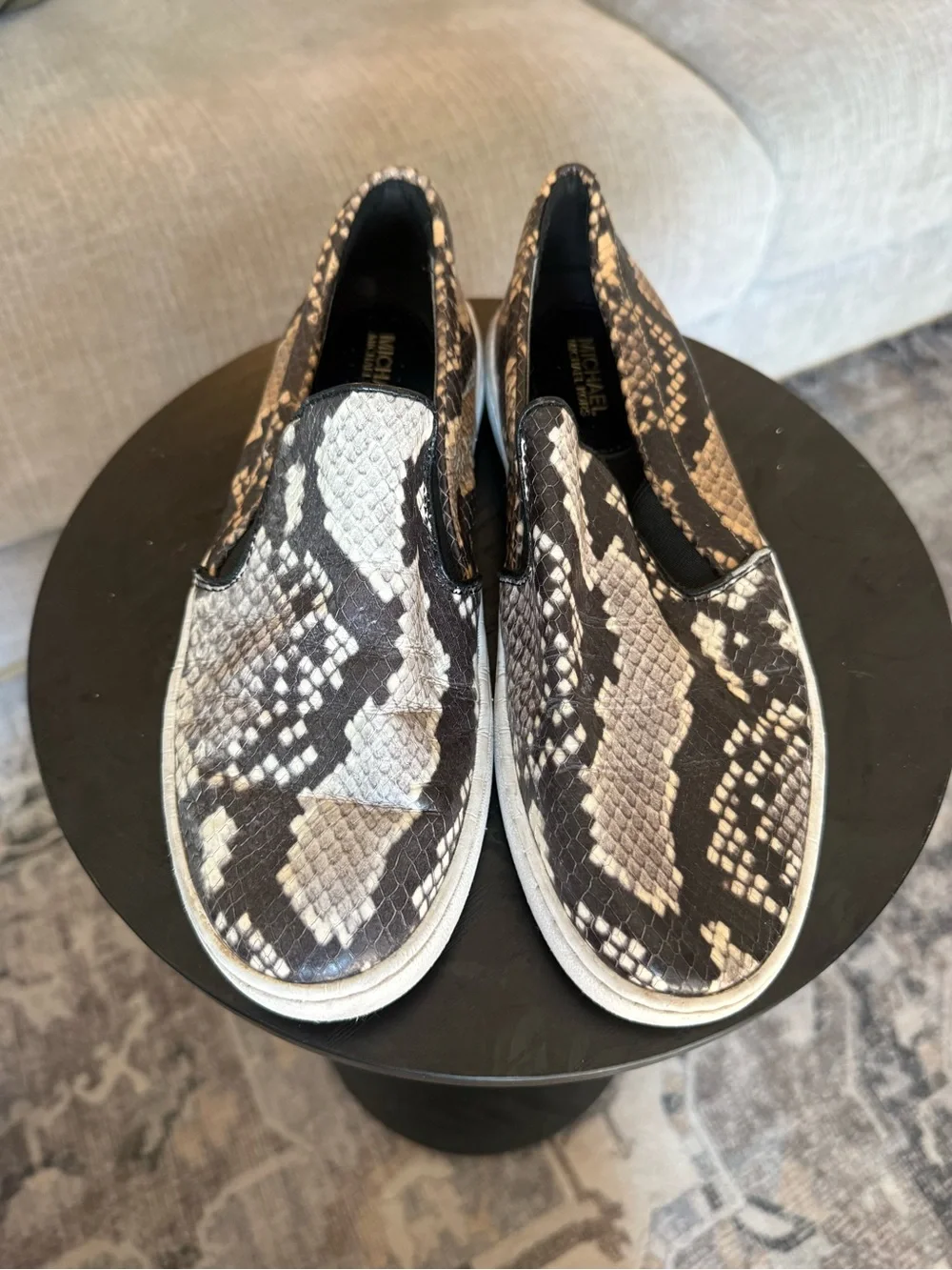 Michael Kors Black & Cream Snake-Print Slip-On Sneakers SZ 7
